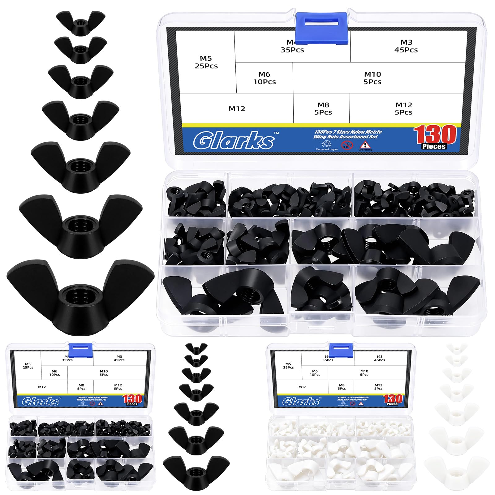 Glarks 130pcs M3/M4/M5/M6/M8/M10/M12 Black Wing Nuts Assortment Kit, Nylon Butterfly Nuts, Hand Twist Tighten Hardware Nut, Wingnuts Fasteners Parts for Machinery, Manufacture, Industries, Hardware