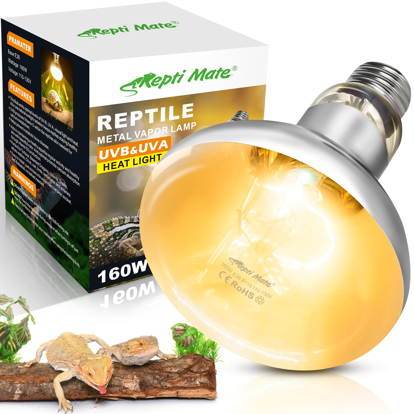 REPTI MATE 160W Reptile Heat Lamp Bulbs, Full Spectrum UVA/UVB Reptile Light Bulb and Basking Spot Light, UVB Light for Reptiles and Bearded Dragon, Turtle, Lizard, Snake, Amphibians