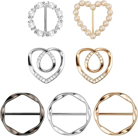 7PCS Premium Scarf Ring Clip, Cute T-Shirt Clips for Women Clothing, 4 Different Sized Shirt Ties Clips Waist Cinch Clip Buckle for Women Clothing Accessories, Gold/Silver/Black