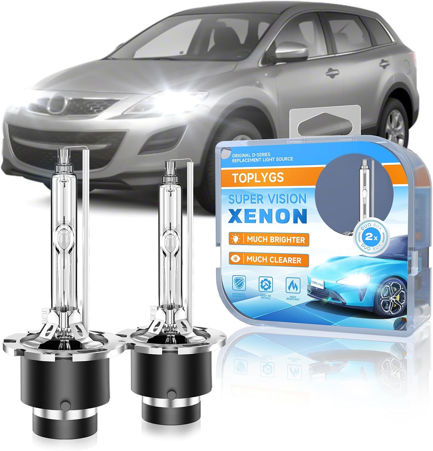 D2S HID Headlight Bulb for 2007 2008 2009 2010 2012 Mazda CX9 CX7 3 5 6, 2006-2015 Miata MX5 HID Headlights Xenon Bulbs, 6000K White, OEM Replacement Low Beam Xenon Lights, Pack of 2