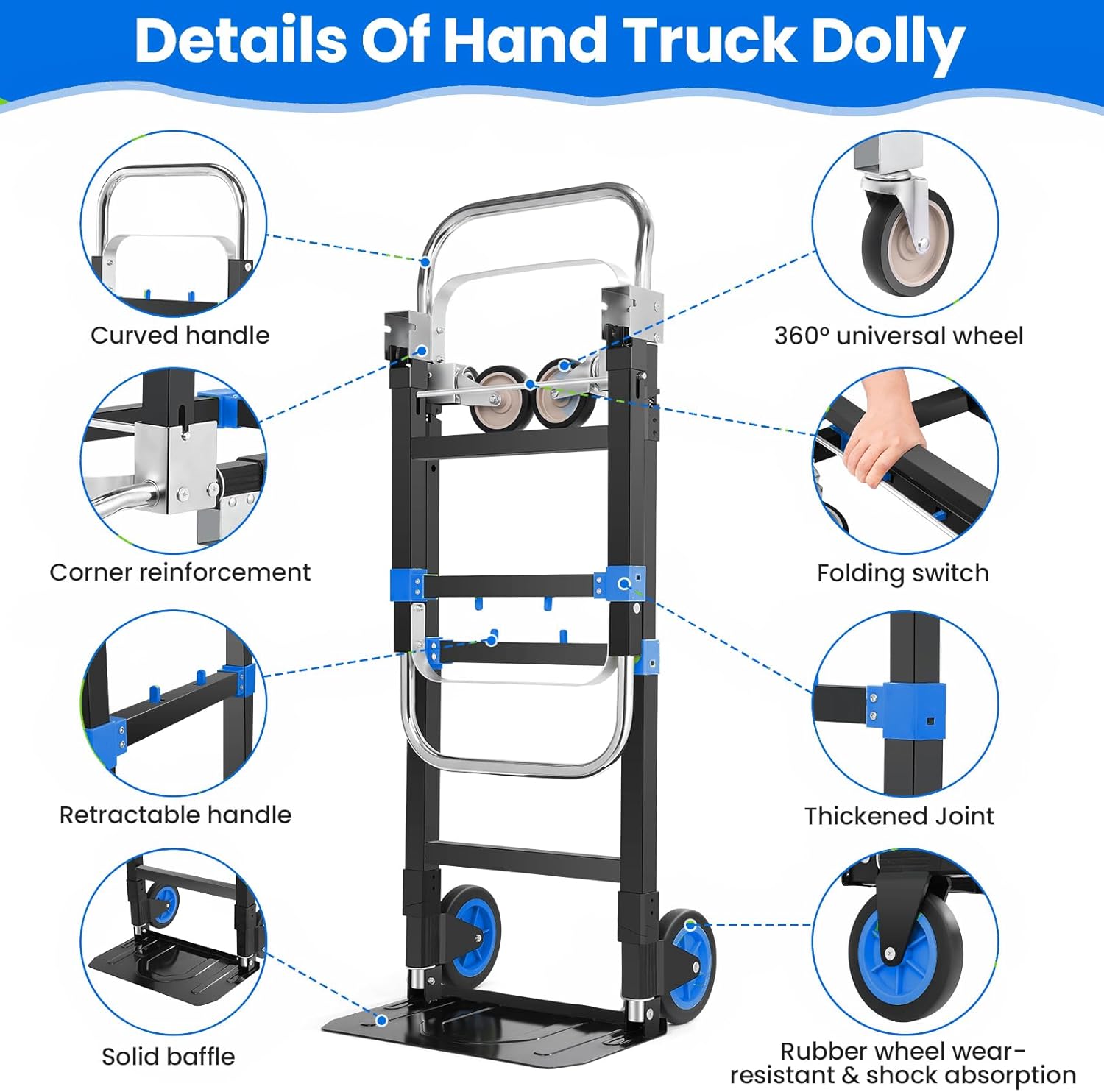 3-in-1 Convertible Heavy Duty Folding Hand Truck Dolly, 600LB Capacity with Rubber& Wheels Telescoping Handles, Portable Collapsible Cart for Warehouse, Supermarket, Office (Blue)