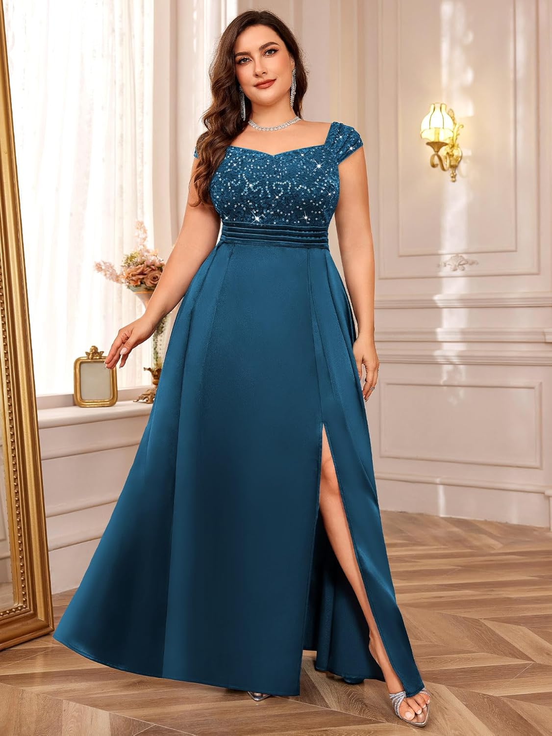 MISSMAY Women's Plus Size Sequin Lace Off Shoulder Satin Slit Formal Evening Party Maxi Dress - Image 3