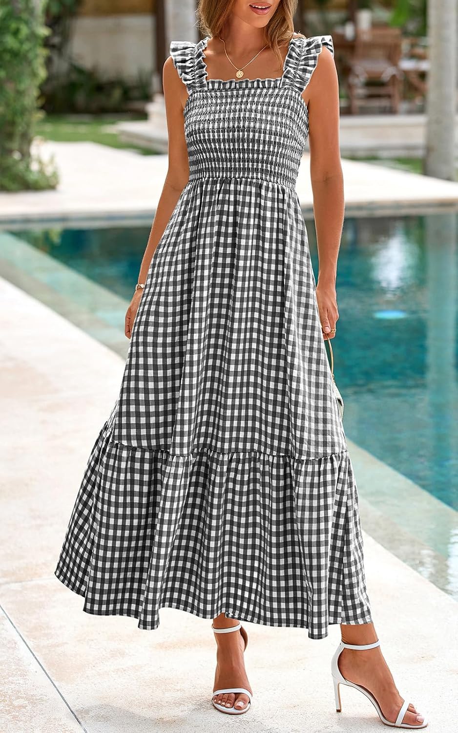 PRETTYGARDEN Womens Summer Dress Casual Square Neck Ruffle Strap Gingham Smocked Midi Flowy A Line Beach Vacation Sun Dresses - Image 6