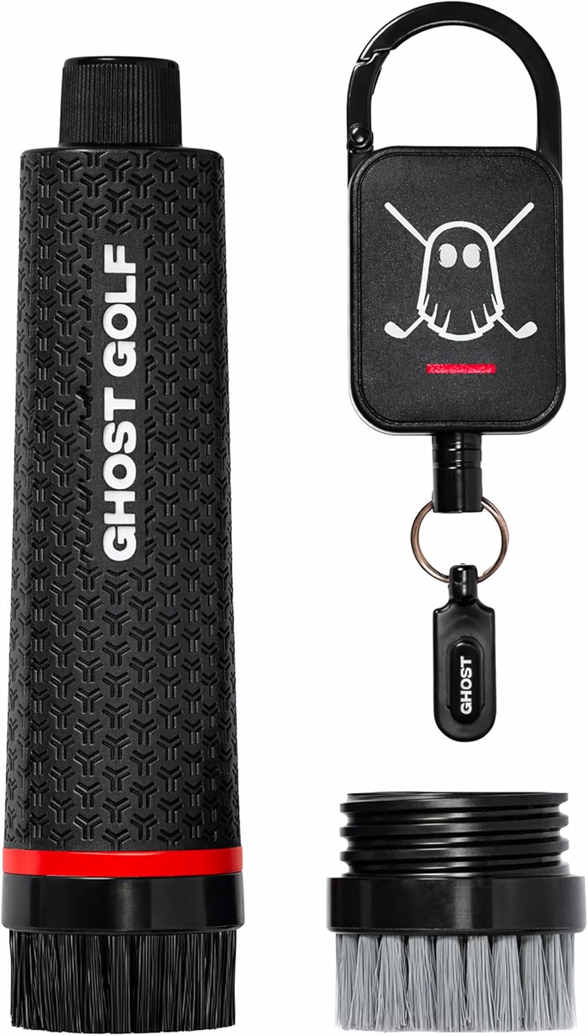 Ghost Golf Magnetic Golf Club Brush with Water Reservoir & Shoe Brush - Dual Head Groove Cleaner, Nylon Bristle, Retractable Carabiner Clip - Golf Cleaning Tool for Irons, Wedges & Golf Shoe Cleats