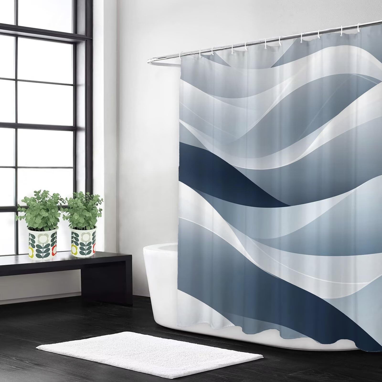 Rideau de douche bleu 100x180 cm en polyester imperméable lavable avec 12 crochets