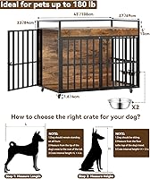 Vista 2 de Mueble de jaula para perros de 43 pulgadas, perrera resistente con 3 puertas, 2 cuencos ajustables y ruedas con cerradura, casa de madera