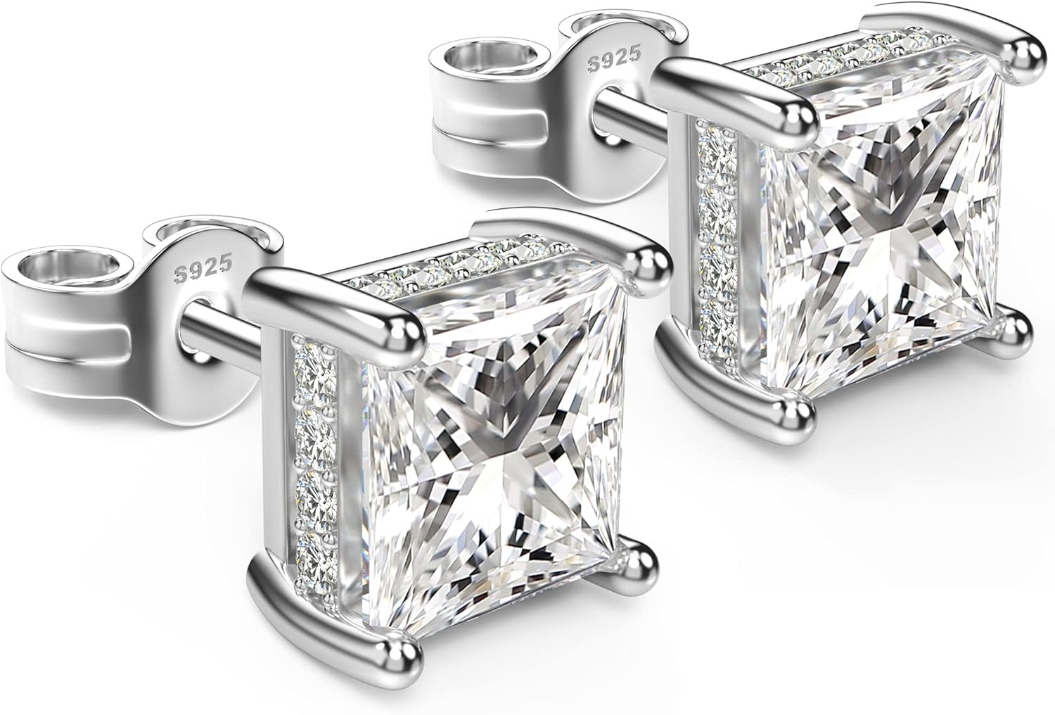 18K White Gold Plated Sterling Silver Princess Cut Cubic Zirconia Stud Earrings Square CZ Diamond Stud Earrings for Women Men Hypoallergenic