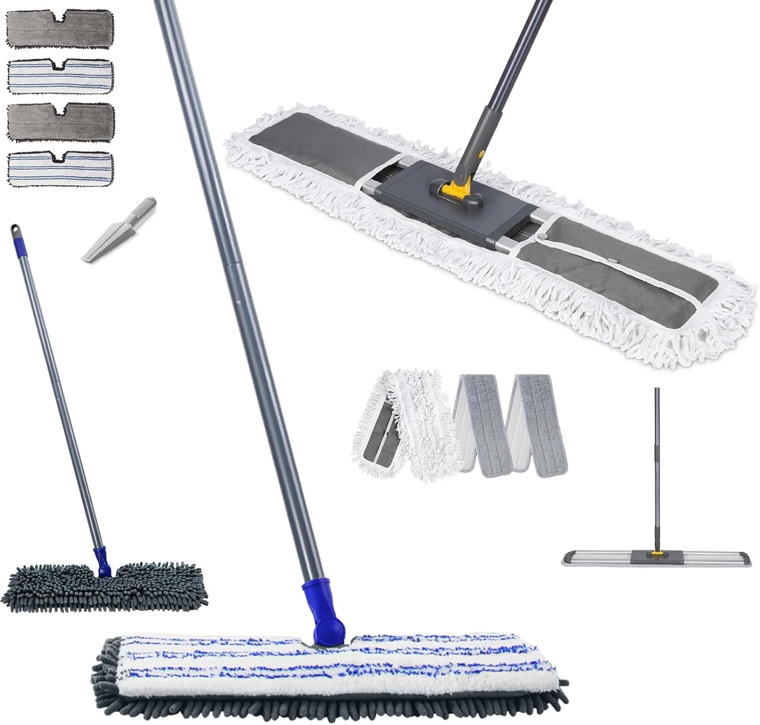 Masthome Flat Dust Mop with 4 Washable Mop Pads and 1 Cleaning Scraper & 32'' Commercial Dust Mop with 60'' Long Handle,1 Cotton & 2 Microfiber Mop Pads for Floors Cleaning