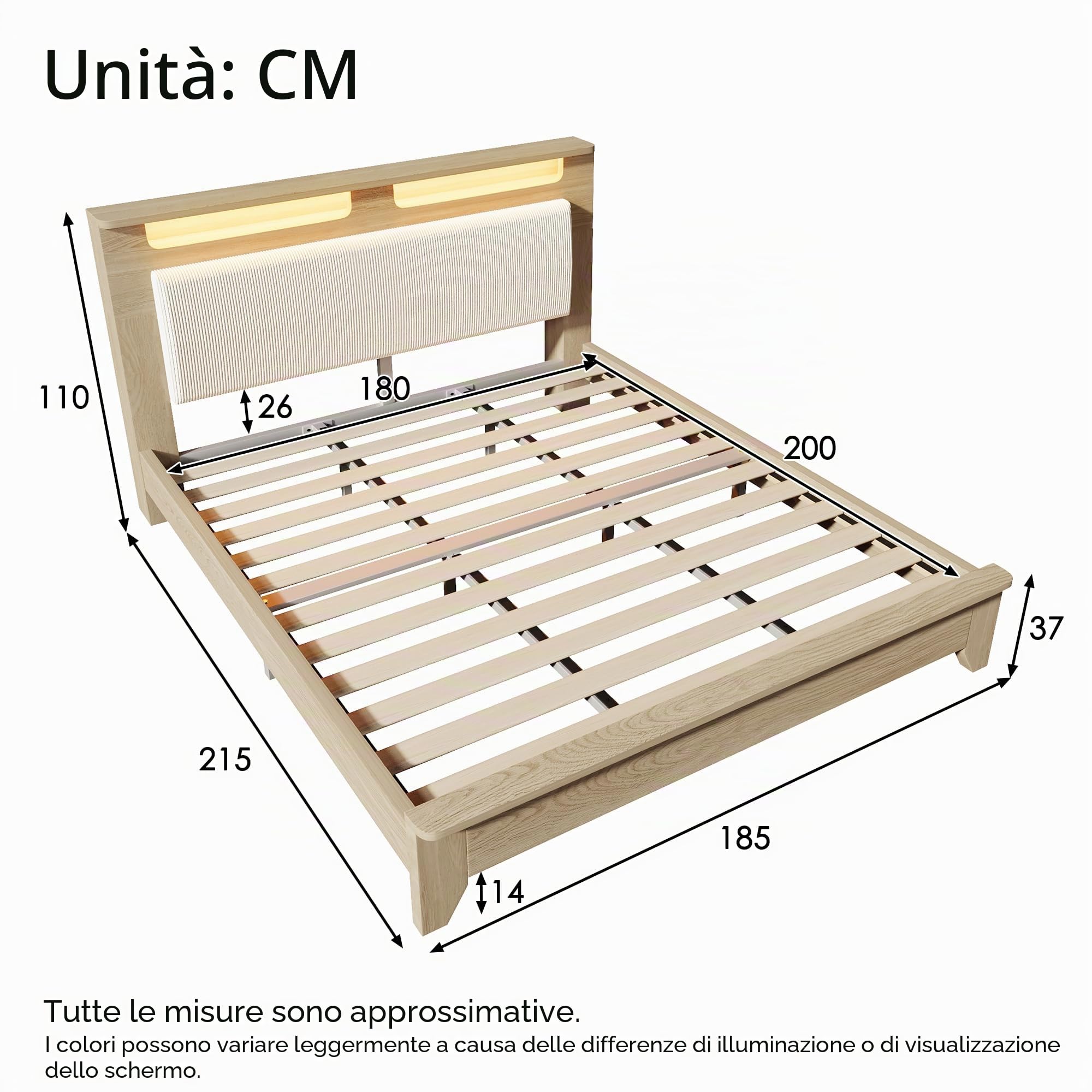 REXO Letto matrimoniale in legno 180×200cm, testiera con vano portaoggetti, illuminazione a LED e schienale imbottito in corda beige, telaio del letto con doghe in legno, rovere chiaro (senza