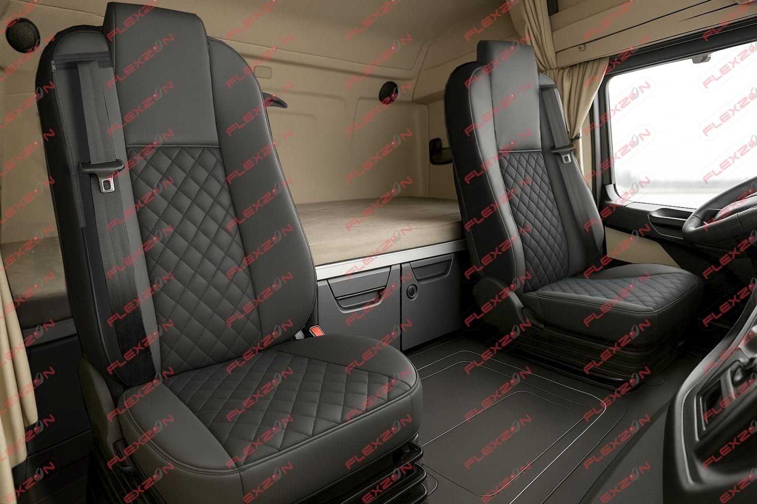 Générique 2 x Housse de Siège sur Mesure en Similicuir Noir Couvre-Siège 1+1 Ceinture Incorporée Cuir PU Rembourré Premium Luxe pour Camion Poids Lourd Compatible avec Mercedes Actros MP4 2015-2021