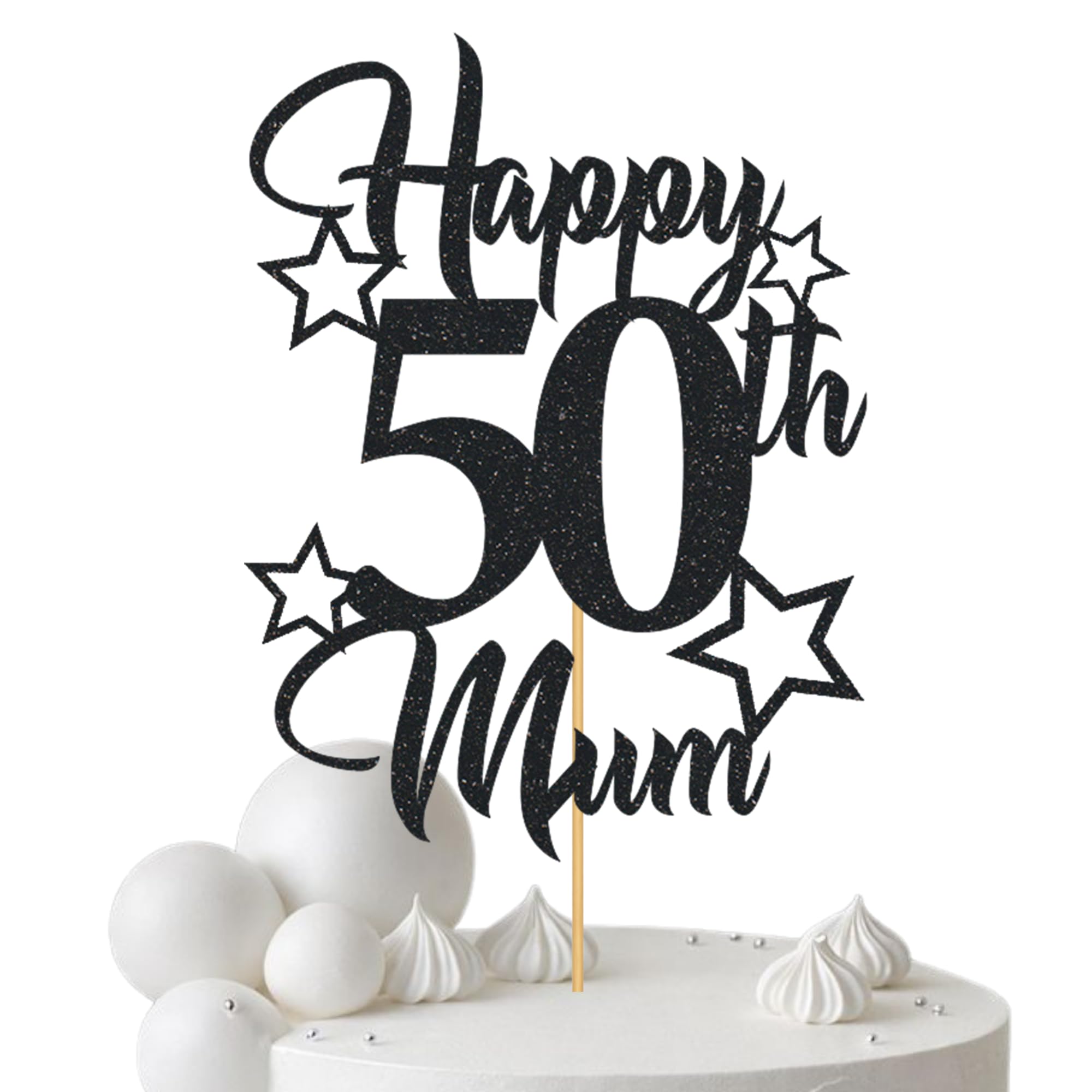 Glitter Birthday Cake Topper for Mum with stars, Birthday Cake Topper, Party Decorations, Party Supplies, 40, 50, 60, 70,80, 90 Many colours (50th, Black (20cm)) — image 1