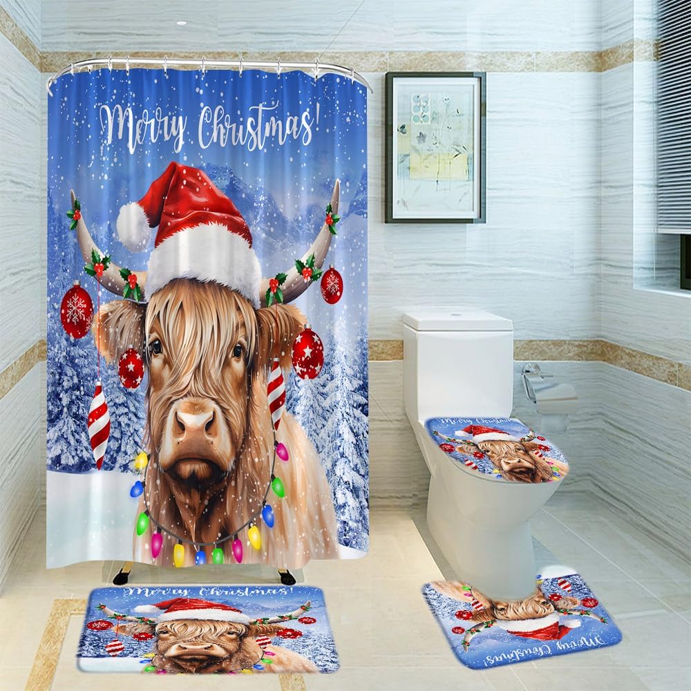 4 Piece Merry Christmas Shower Curtain Sets,Vintage Rustic Red Truck Xmas Tree Snowman Retro Farmhouse Winter Bathroom Decor Polyester Curtain with Hook (Bath Mat,Toilet Seat Cover, U-Shaped Toilet)