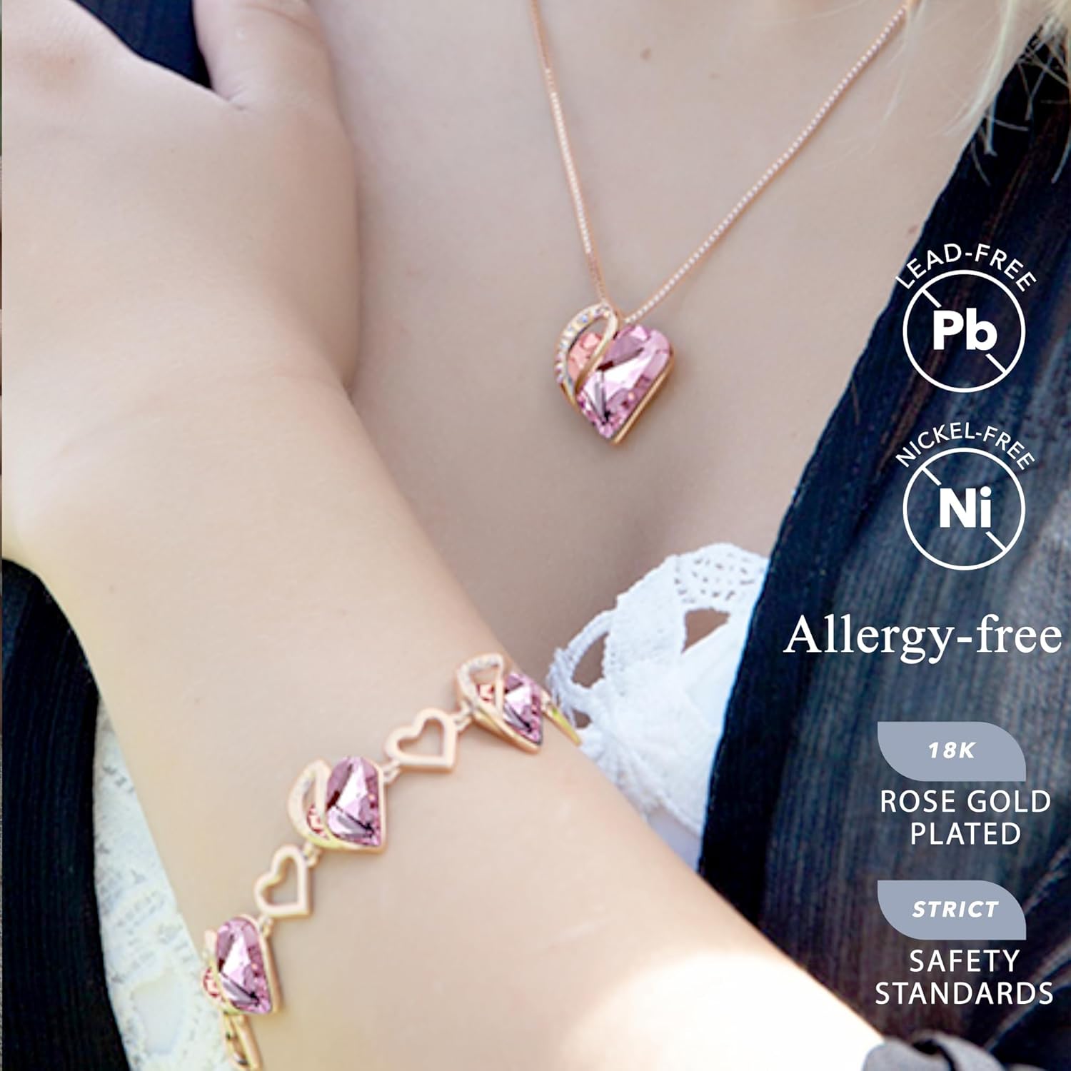 Leafael Rose Gold Plated Necklace for Women: Heart Shaped Birthstone/Healing Crystals Center, Dazzling Cubic Zirconia, Hypoallergenic Chain (18"+2"), Jewelry Gifts for Anniversaries and Birthdays - Image 2