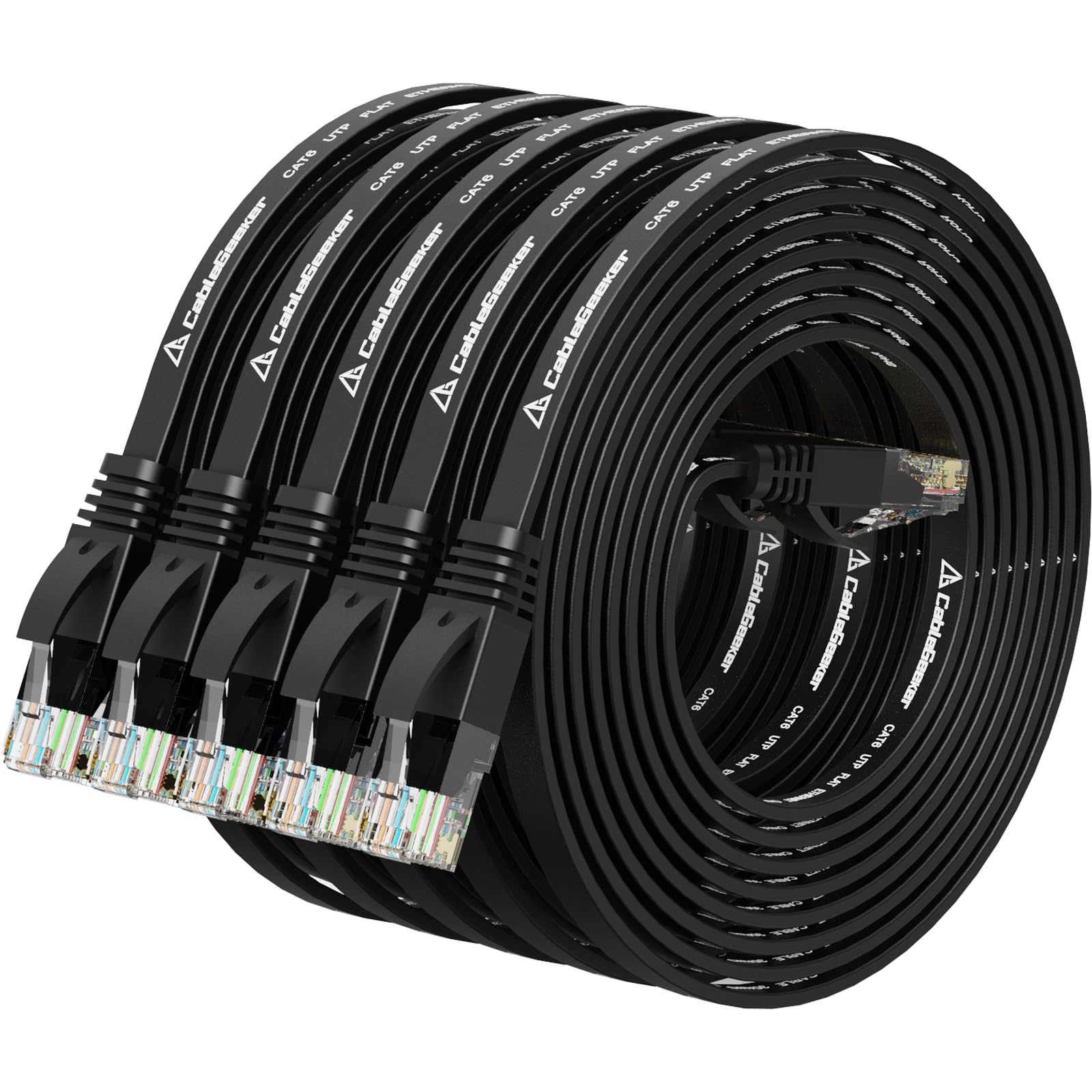 Lot de 5 câbles Ethernet Cat 6 de 2,1 m (à un prix Cat5e mais une bande passante plus élevée) - Câbles de réseau Internet plats - Câble de raccordement Ethernet Cat6 court - Noir - Câble d'ordinateur