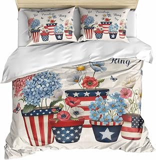 4th of July Duvet Cover Twin Size, Retro Independence Day Flowers Butterfly Comforter Cover with Zipper Closure, 3 Piece Bedding Sets 1 Duvet Cover 68x86 Inches and 2 Pillow Shams
