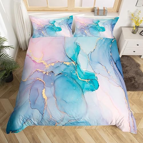 Erosebridal Funda de edredón rosa azul dorada, juego de ropa de cama de mármol colorido para jóvenes, funda de edredón con textura de mármol con