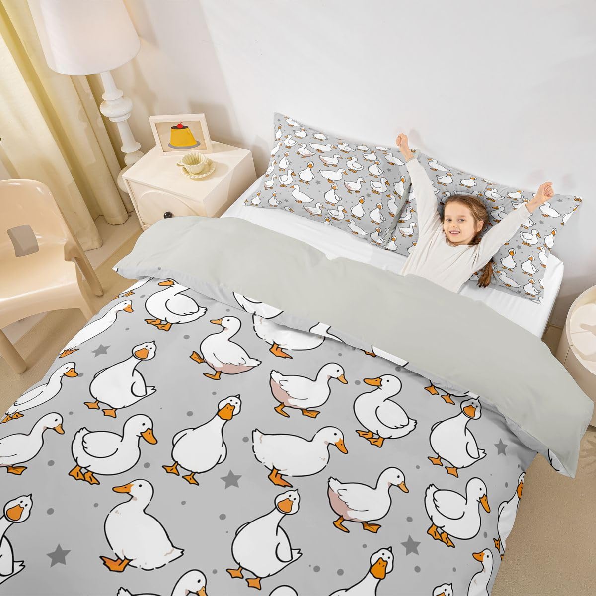 Loussiesd Juego de funda de edredón de pato Kawaii tamaño doble, para niños y niñas, juego de ropa de cama de pato divertido, transpirable, suave, regalo para amantes de las mascotas, colcha de 3