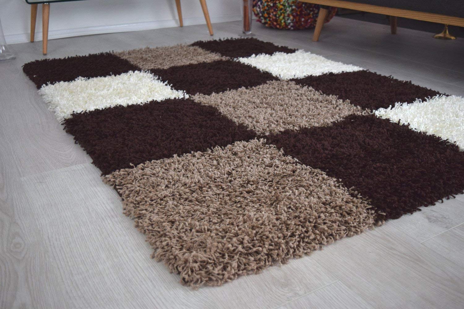Bravich Small Brown Beige and Cream Checked Geometric Shaggy Rug 60x110 cm (2ft x 3ft7), Thick 5cm Deep Pile Soft Fluffy Non Shed Polypropylene Area Carpet for Living Room Bedroom โ image 1