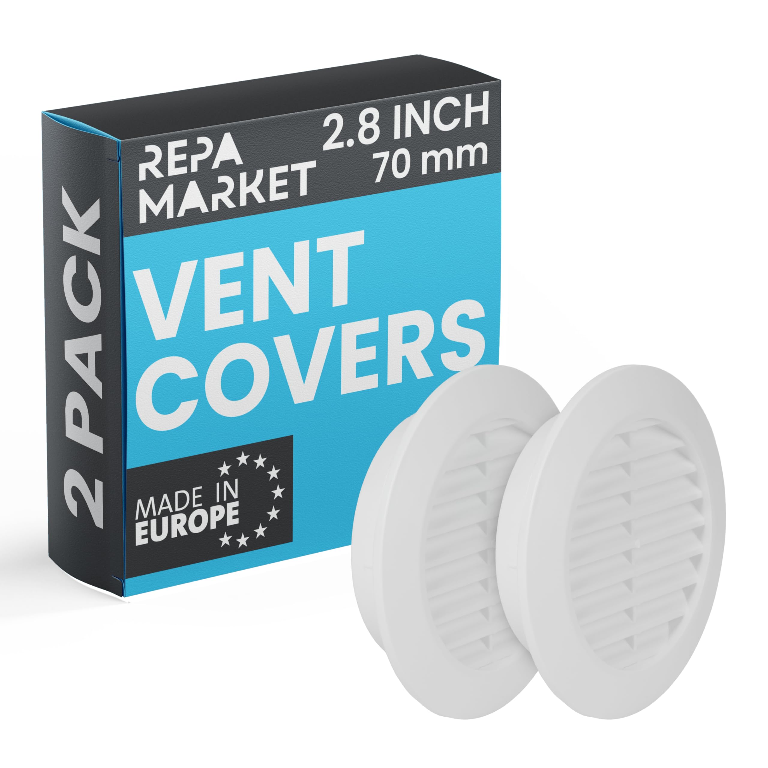 Repa Market 70mm Pack of 2 White Vent Cover with Mesh Screen - Plastic Soffit Ventilation Grill - Louvered Vent for Indoor, Outdoor Wall Ducting - HVAC Louvre Grille for Kitchen, Bathroom