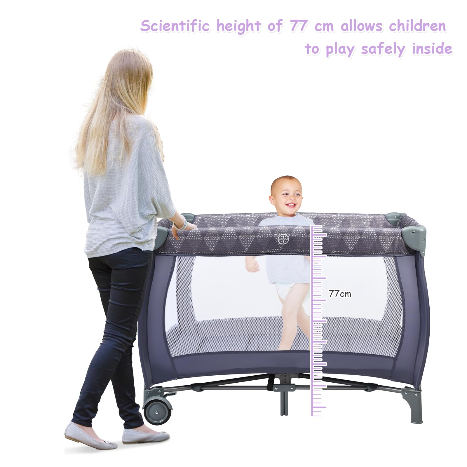 Maxmass 3 in 1 Baby Travel Cot, Foldable Bedside Crib with Changing Table, Hanging Toys, Wheel, Carry Bag, Infants Nursery Center Baby Cot Bed for 0-36 Months (Gray) — view 6