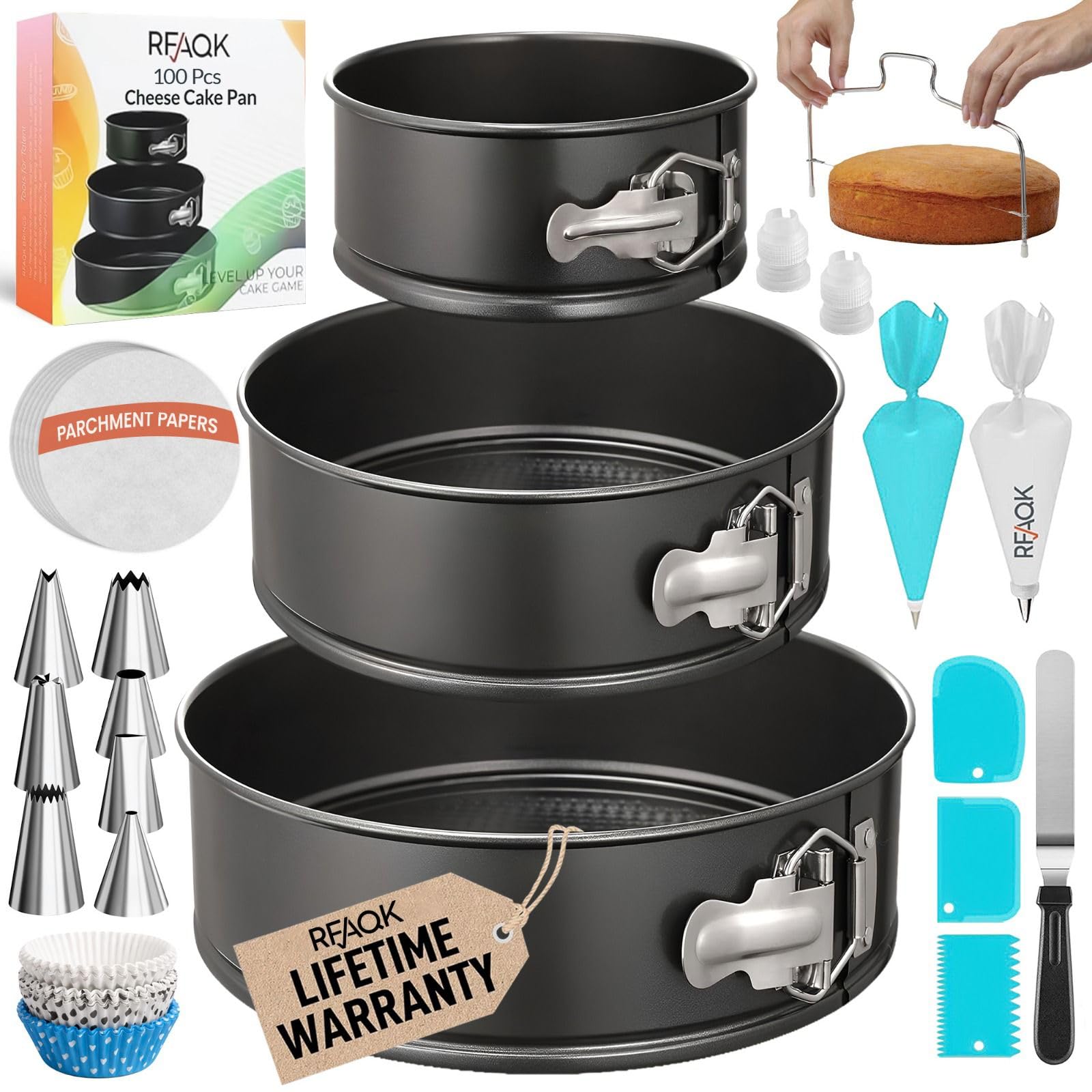 RFAQK 100pcs Cake Pan Sets for Baking + Cake Decorating Supplies: 3 Non-Stick Springform Pans Set (4, 7, 9 inches), Icing Tips, Cake Leveler – Multi-functional Leak-Proof CheeseCake Pan & eBook