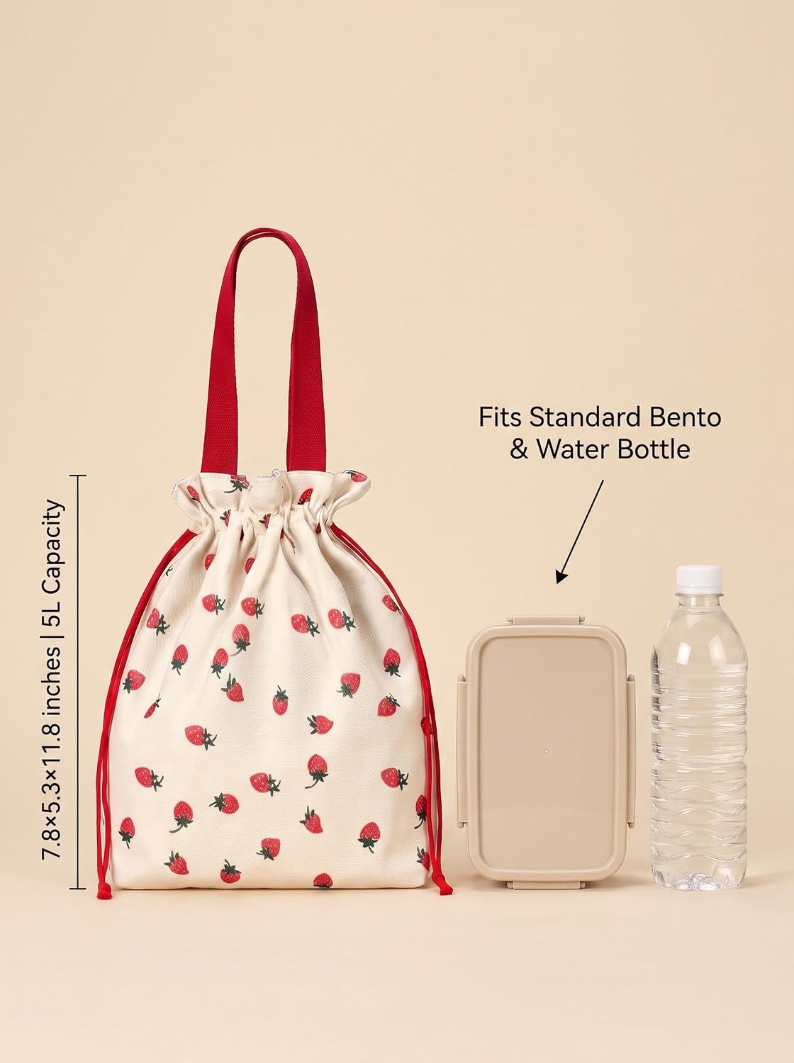 Canvas Drawstring Lunch Bag, Insulated Leakproof for Picnic School (Strawberry Fruit Print)