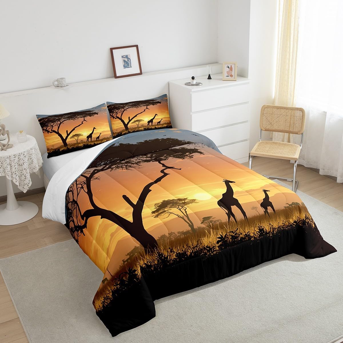 Feelyou Kids Queen Giraffe Comforter Set Queen Size, Cartoon Animal Comforter for Boys Girls Africa Safari Bedding Set Wildlife Duvet Set Bed Set 3Pcs