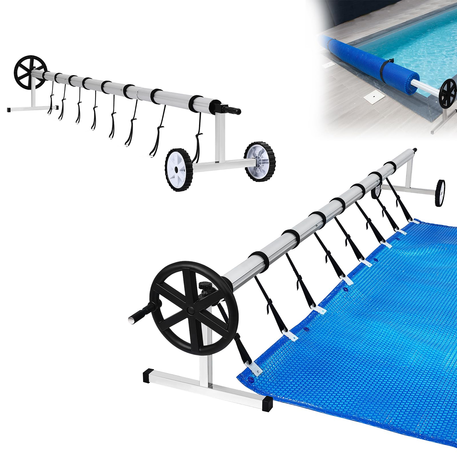 Avvolgitore per piscina di alta qualità, 3 m, 5,70 m, regolabile, sistema di avvolgimento mobile per teloni solari e copertura, in alluminio e acciaio inox, con fissaggio e ruote