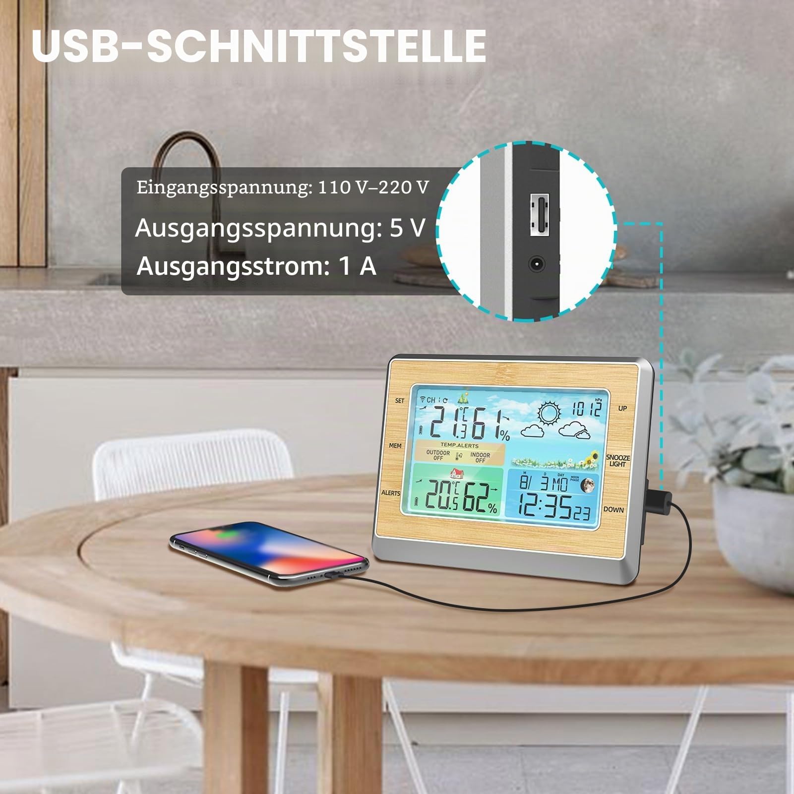 WLAN-Wetterstation mit LED-Farbbildschirm, Helligkeitsanpassung, Temperatur und Luftfeuchtigkeit, wetterfest, subitoaste, Datum, Alarm, Wettervorhersage