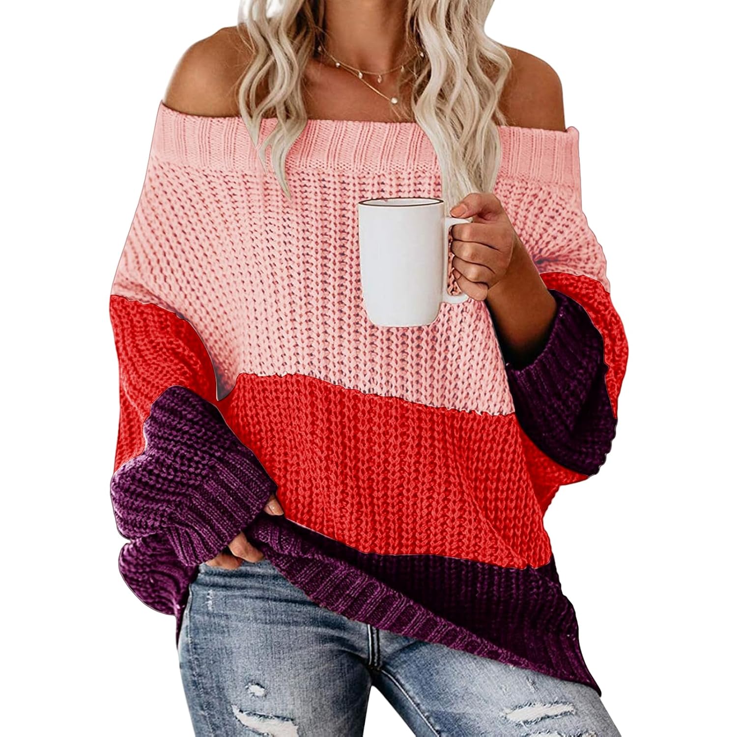 Womens Sexy Off The Shoulder Sweaters Trendy Color Block Knitted Pullover Top Fall Winter Loose Long Sleeve Sweater