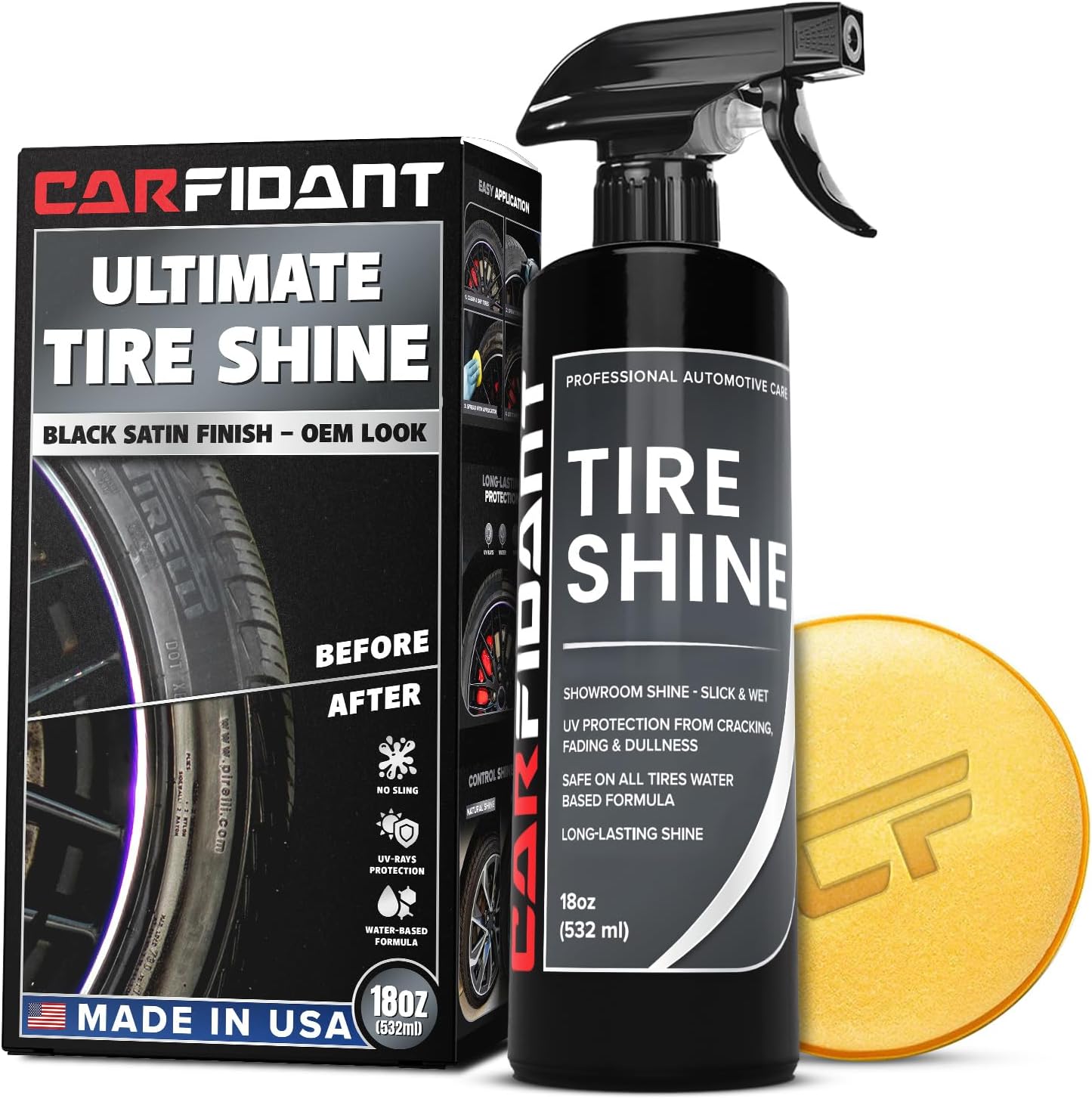 Carfidant Tire Shine Spray - Black Satin Finish - Premium Car Tire Dressing - 18 fl. Oz. Kit with Applicator Pad - Long Lasting - No Sling No Grease Formula with UV Protection