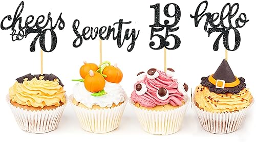 Miniatura 3 de 24 adornos para cupcakes con purpurina para cumpleaños número 70 para celebrar 70 cumpleaños, decoraciones para fiestas de cumpleaños de setenta