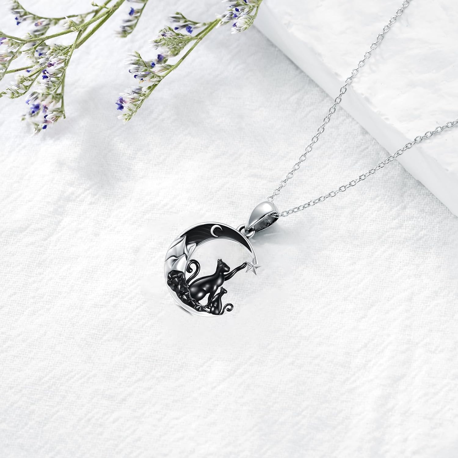 Gothic Jewelry Bat/Cat/Wolf/Dragon/Owl/Fox/Spider/Sun Pendant Sterling Silver Crescent Moon Necklace for Women Black Jewelry Gifts
