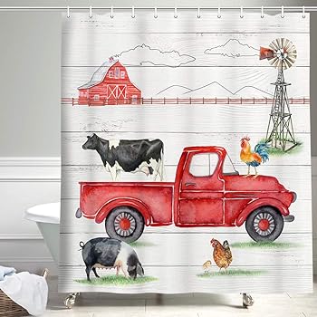 Amazon Com Nymb Farmhouse Animal Rooster Pig On Garage Barn Windmill Shower Curtains Funny Farm Cow With Rustic Red Truck On Retro Wooden Fabric Bathroom Shower Curtain Red Green Black White 69 W X