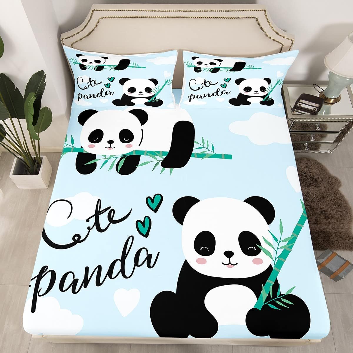 Feelyou Cute Panda Bedding Sheets Cartoon Panda Bed Sheet Set for Kids Boys Girls Animal Theme Bedding Fitted Sheet Kawaii Animal Bed Cover Blue 1 Bed Sheet Set with 1 Pillowcase Twin Size M