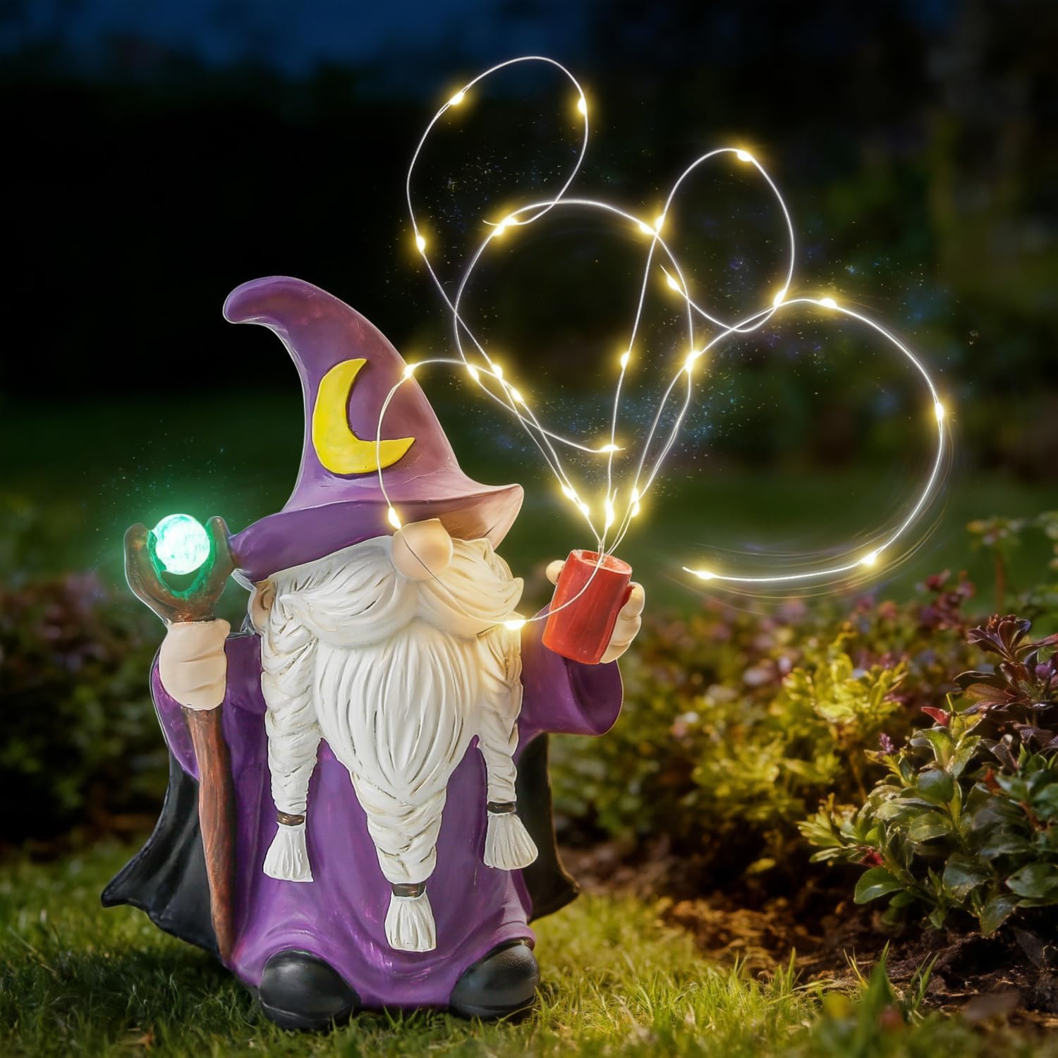 HUYIENO Gnome Solar Garden Statue 9.7" Outdoor Decor with LED Firefly String Lights, Waterproof Solar Powered Figurine for Patio, Yard, Lawn, Porch, Housewarming, Mom & Birthday Gift Ghome