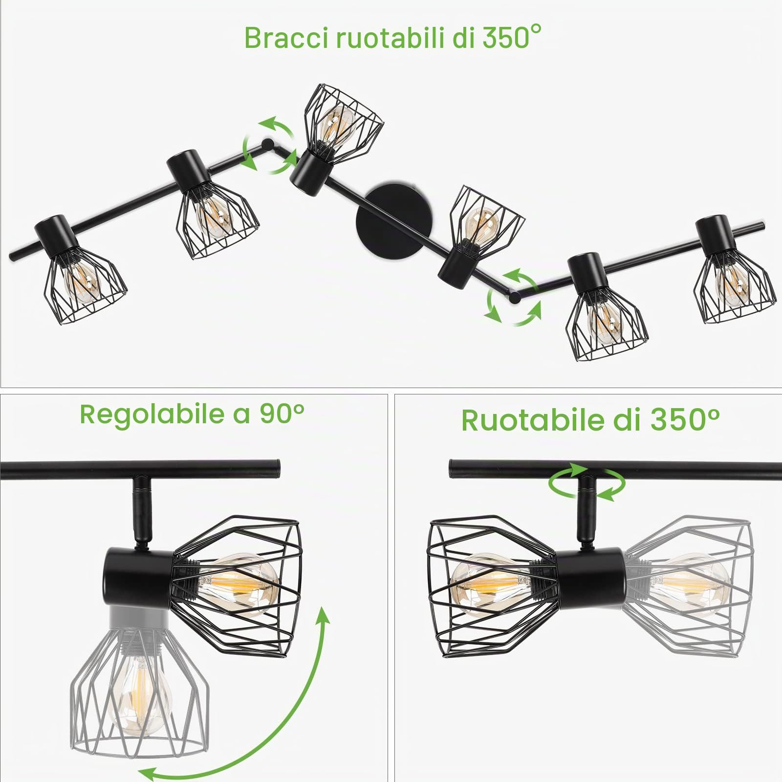 Kimjo Plafoniera a LED 6 faretti orientabili, faretto da soffitto nero, lampada da soffitto, cucina, E14, plafoniera da soffitto, illuminazione da soffitto a LED, retrò applique da soffitto per