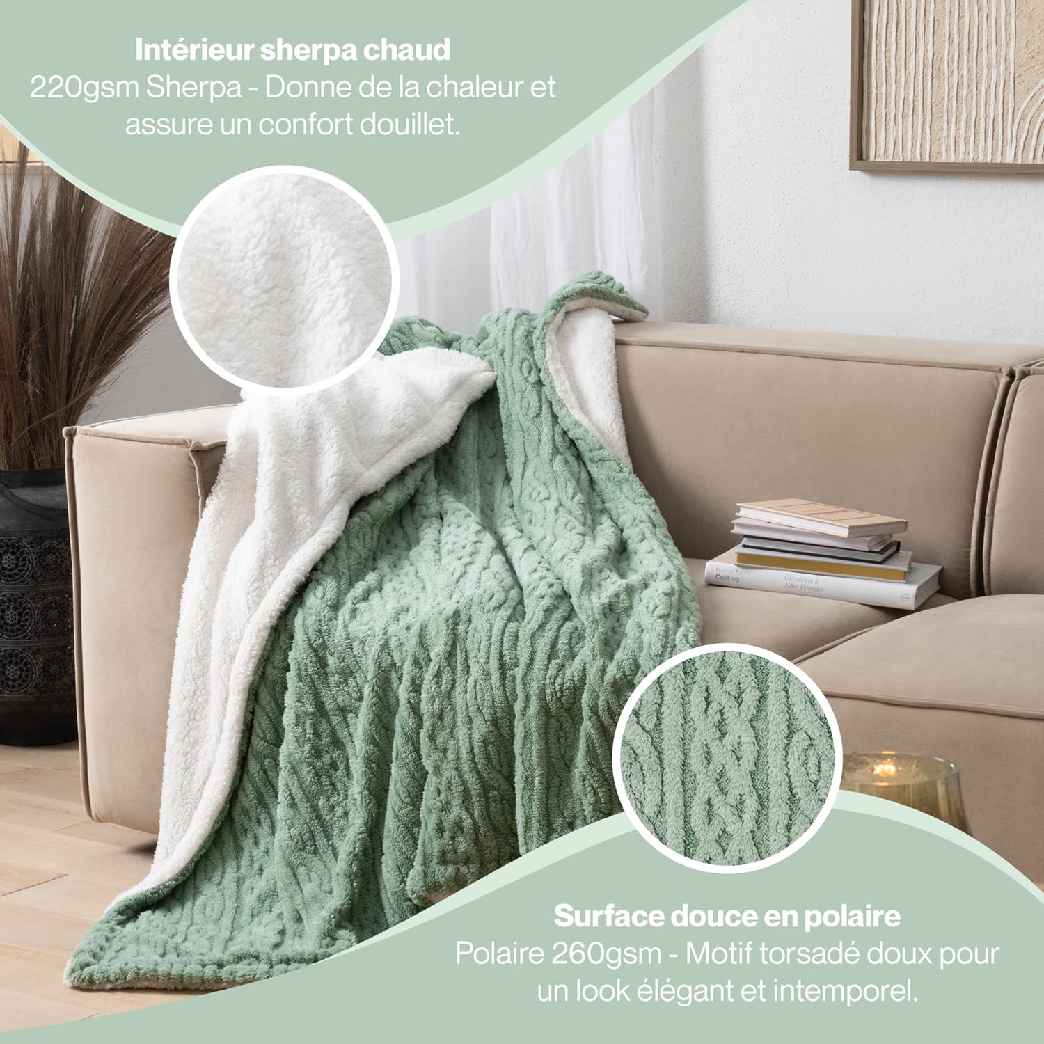 Blumtal Couverture Chaude 220x240 cm avec Motif torsadé - Couverture Polaire certifiée Oeko-TEX + intérieur Sherpa Doux - couvertures et Plaids - Plaid Doux - couvertures, Plaids et boutis Vert-Ivory