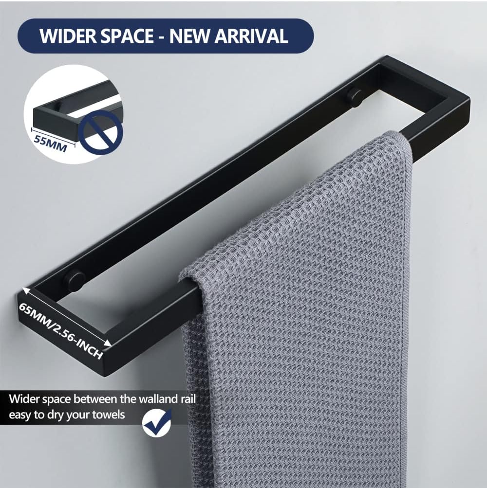 40cm 壁掛け式 ブラック タオルホルダー - 粘着リング&amp;レール 304ステンレススチール製 バスルームアクセサリー グ