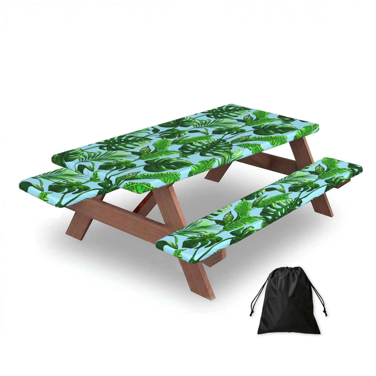 Dopklna As Picture Tropical Palm Leaves, Picnic Table Cover With Bench Covers -Waterproof Elastic Fitted Tablecloth For Garden Camping Patio 76X152cm