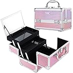 FRENESSA Makeup Train Case Makeup Box Organizer Portable Cosmetic Travel Case Makeup Case with Mirror Locking Make Up Cases Organizers and Storage for Nail Supplies Hard Cosmetic Box Shiny Pink