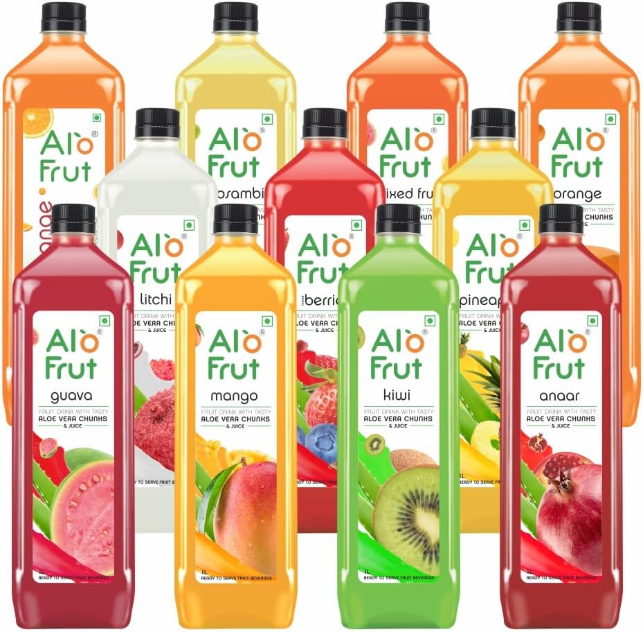 Assorted pack Aloevera Chunks & Juice 1 Ltr (Pack of 12) - 1 Case | Fruit Juice Mai Aloevera Chunks | Ready To Serve Fruit Juice