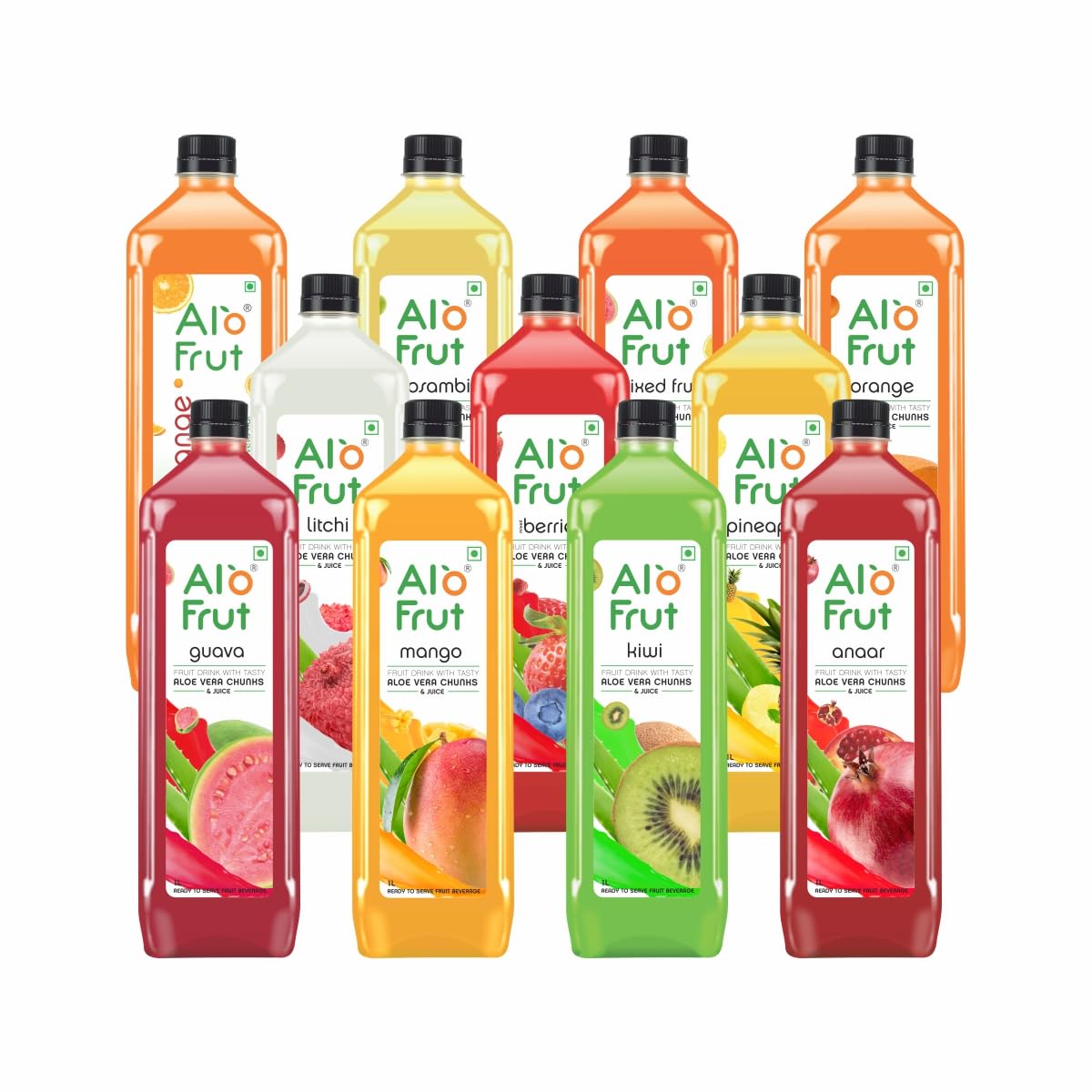 Alo Frut Assorted pack Aloevera Chunks & Juice 1 Ltr (Pack of 12) - 1 Case | Fruit Juice Mai Aloevera Chunks | Ready To Serve Fruit Juice
