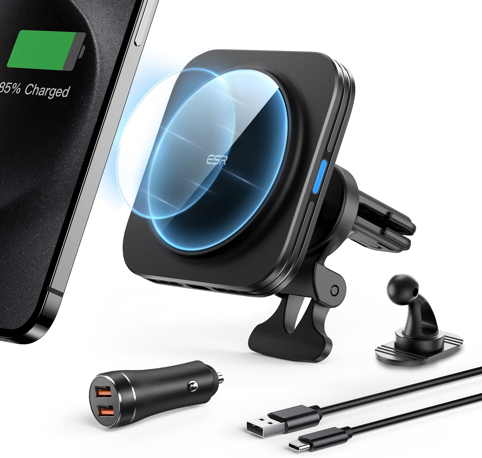 ESR for MagSafe Car Mount Charger, 15W Magnetic Wireless Car Charger, for MagSafe Phone Charging, Air Vent Phone Holder for iPhone 17e/17-12, Samsung Galaxy S26/S25, with 36W QC 3.0 Fast Charging