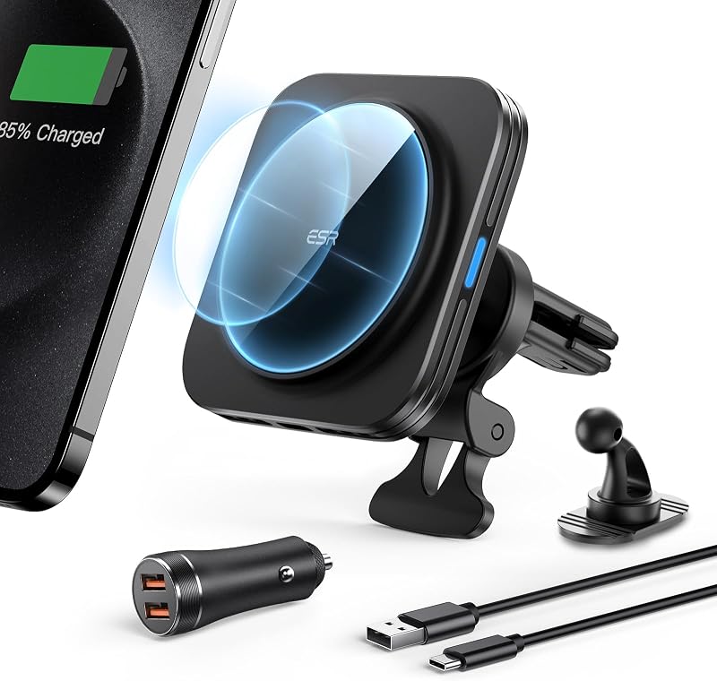 for MagSafe Car Mount Charger with 36W QC 3.0 Car Adapter | 15W Magnetic Wireless Car Charger Set, for MagSafe Phone Charging, Air Vent Phone Holder for iPhone 17-12, Galaxy S26/S25