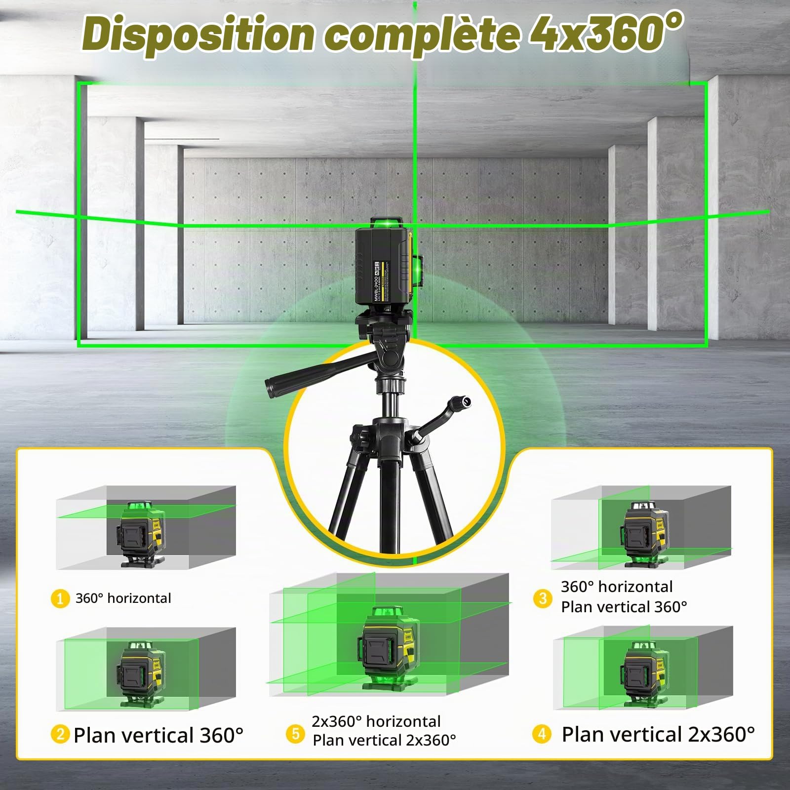Niveau Laser Chantier avec Trepied 4 x 360°