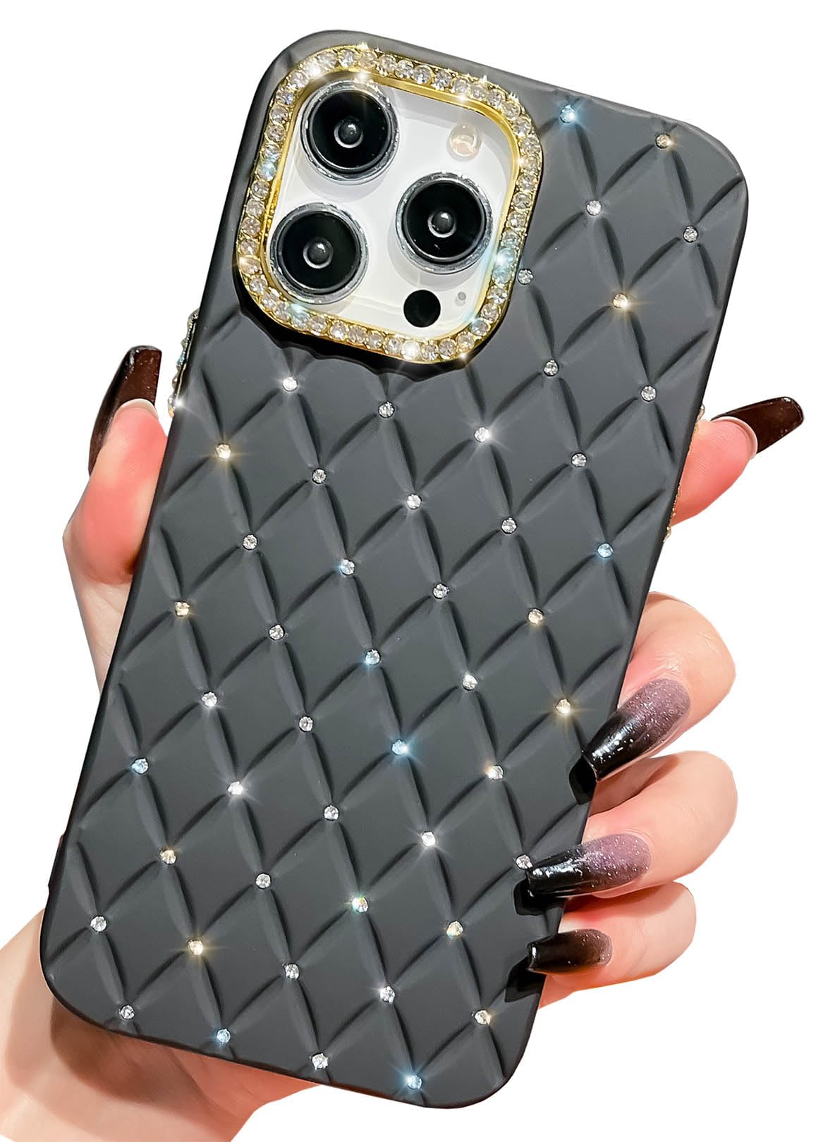 KERZZILTrendy Rhombus Pattern Compatible with iPhone Diamond Case,Luxury Sparkle Bling Glitter Rhinestone Soft TPU Protective Phone Cases (Black,iPhone 13 Pro Max)