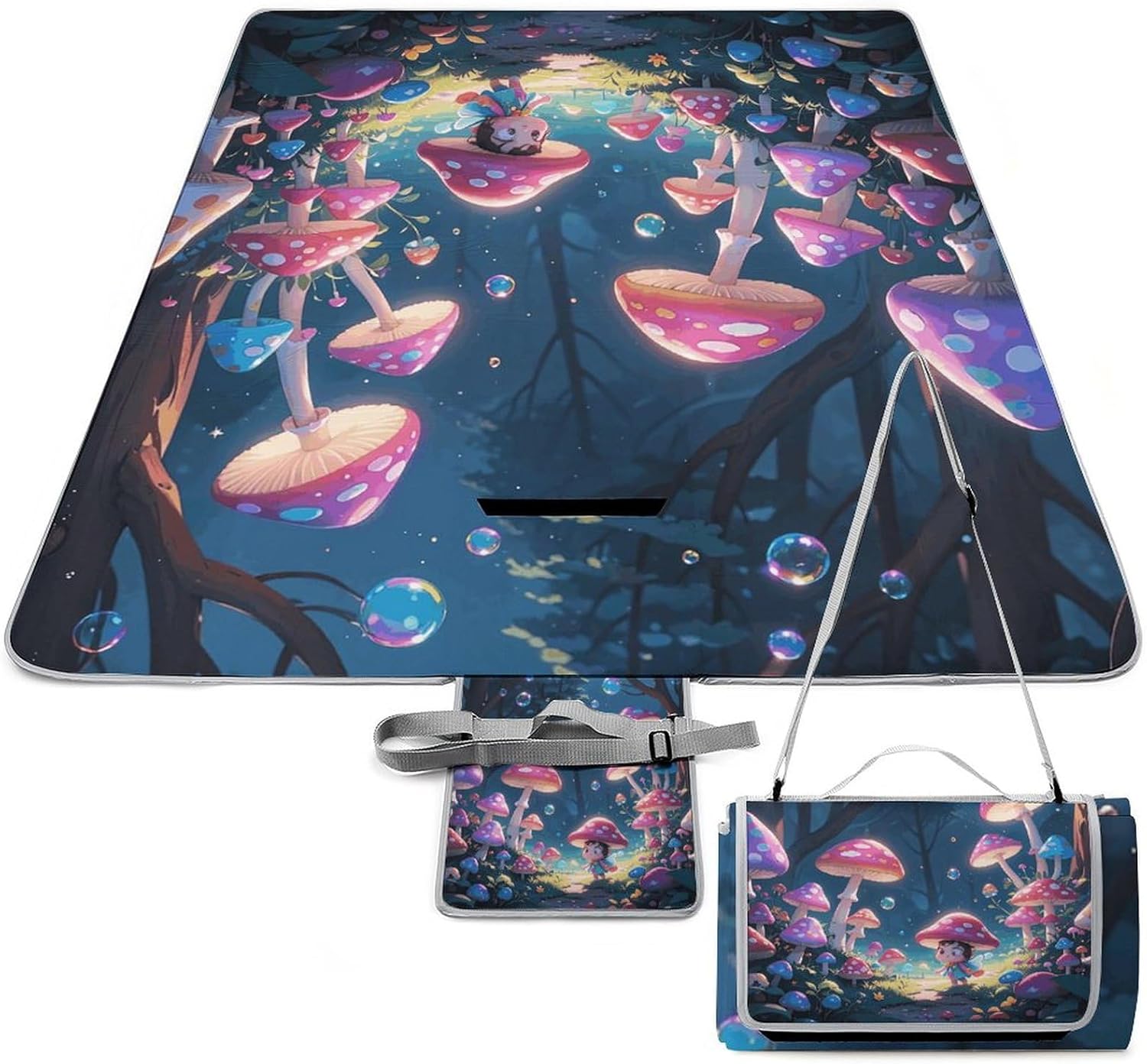 Outdoor Picnic Blanket Extra Large Beach Blanket Waterproof Picnic Mat Night with Mushroom Camping Blanket Portable with Carry Strap Park Blanket for Grass Camping Park