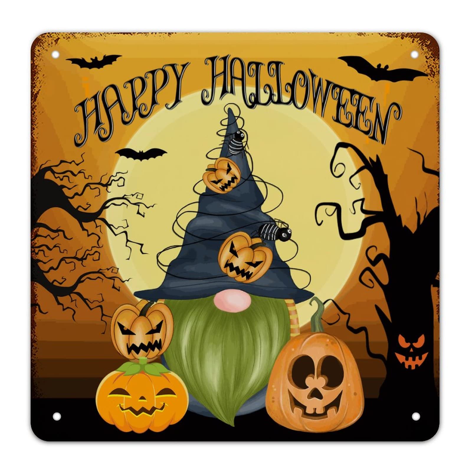 Panneau en métal gnomes d'Halloween, déco murale rustique citrouille et arbre pour cuisine