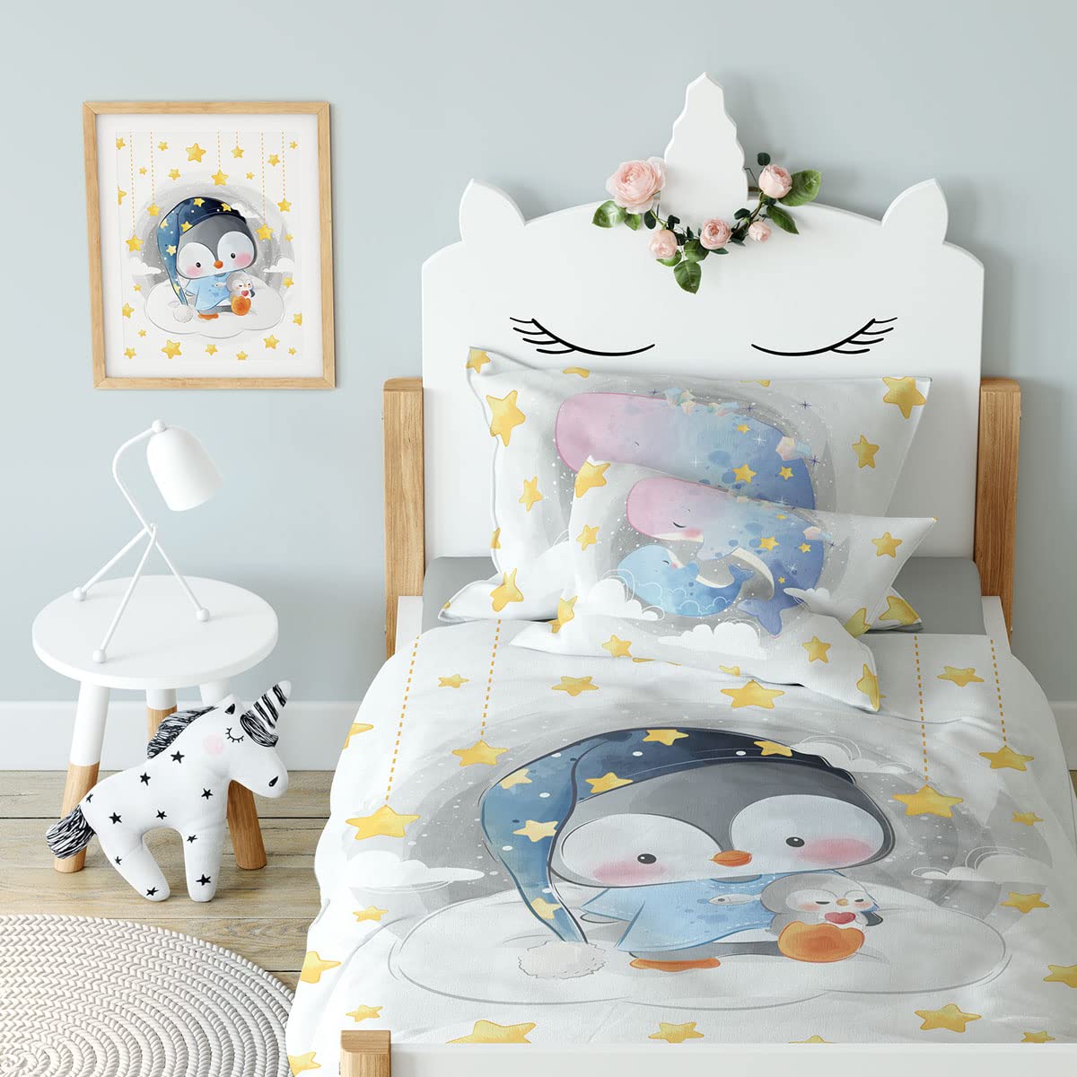 Kinderbettwäsche 100x135 cm | Baby Bettwäsche aus 100% Baumwolle – weich, atmungsaktiv und hautfreundlich | Bettwäsche Kinder für ruhigen Schlaf | Babybettwäsche mit Wendemotiv | Pinguin 006